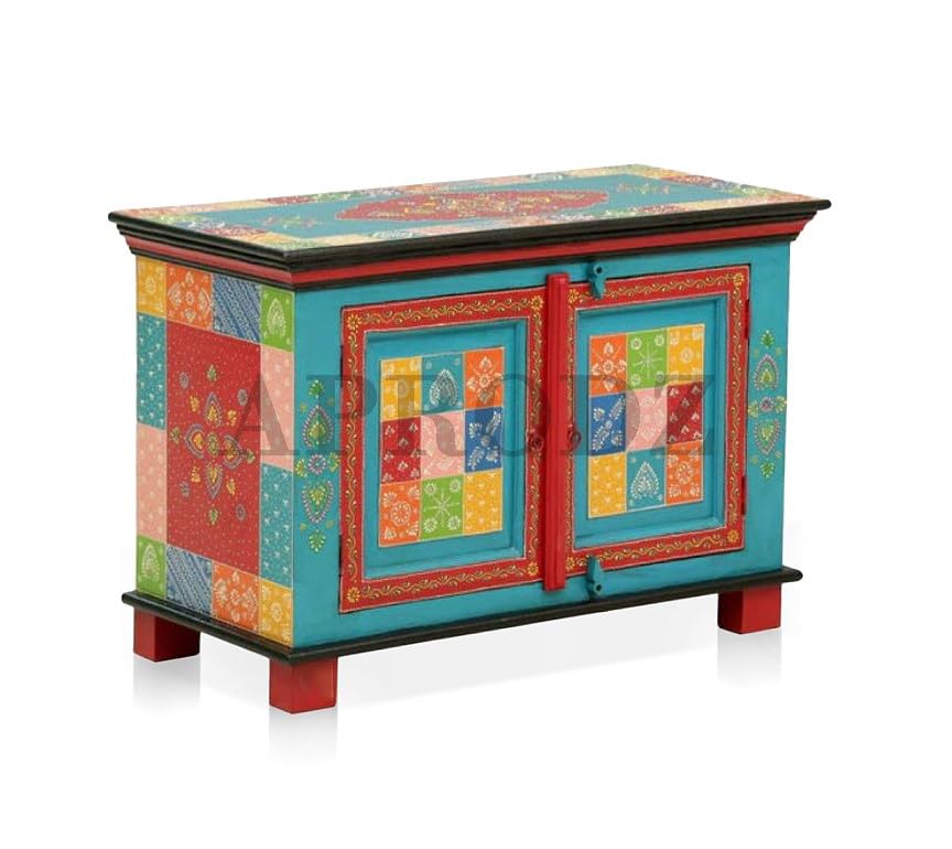 Image of APRODZ Hand-Painted Solid Wood Sideboard Cabinet with 2 Doors | Wooden Storage Cabinet for Bedroom Living Room & Kitchen | Crockery Cabinet, Kitchen Storage | Multicolor, 24x14x24 Inches