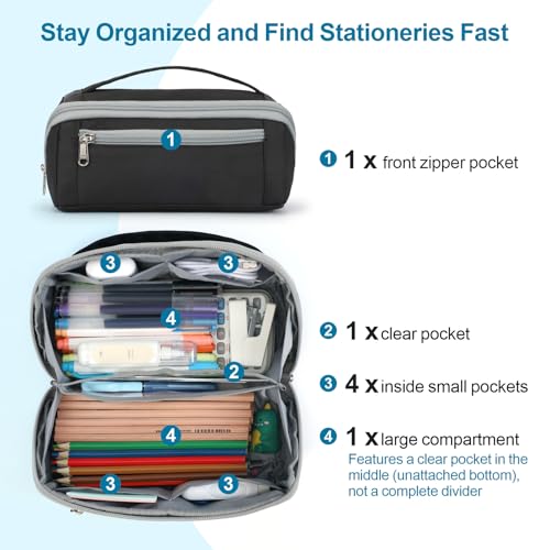 Image of Large Capacity Pencil Case - Pencil Pouch for Teen Boys, Aesthetic Pouch Organizer with 8 Compartments, Wide Opening Marker Bag for Middle High School College, Fits Calculator, Black | Wide Open 8 Compartments, Flexible Dividers & Side Pockets, Handle, 900D Fabric, College Supplies for Teens, Black & Grey
