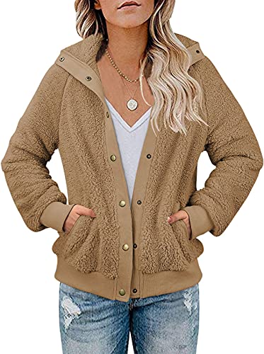 VTSGN Women's Sherpa Jacket Fleece Winter Teddy Bear Coats Fuzzy Warm Fluffy Button Outwear Brown Medium