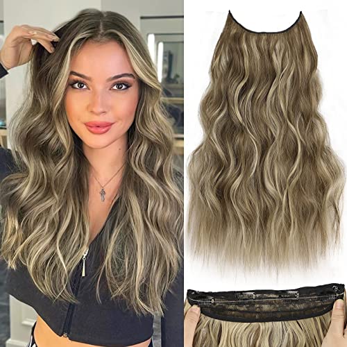 AISI BEAUTY Invisible Wire Hair Extension Long Wavy Thick Hairpiece with Secure Clips and Transparent Headband Light Brown Mixed Blonde 20 Inches Synthetic