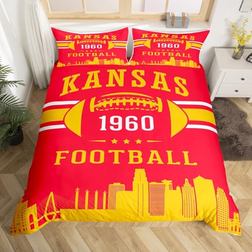 Erosebridal Toddler Size Kids Football Silhouette Bedding Set, American Football City Style Bed Set for Teen Boys Fire Red Team Color Duvet Cover with 1 Pillowcase, Kansas