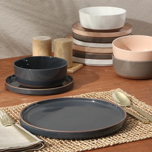 Image of Gibson Elite Northrock Stoneware Dinnerware Set, 12-Piece Service for 4 Plates and Bowls Set - Assorted Colors Blue, White, Pink, Gray Dishes with Hand-Painted Terracotta Base