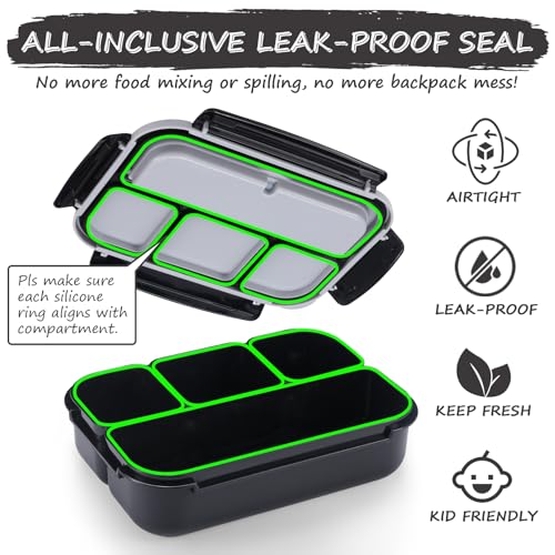 Image of QQKO Bento Box for Kids Adults, School Toddler Lunch Box for Boys Girls, Lunch Box Containers with 4 Compartments, Sauce Container, Utensils, Food Picks and Muffin Cups for School, Black Gray