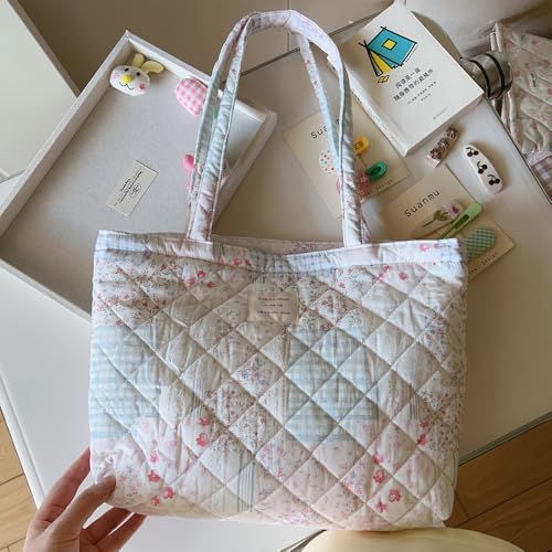 Image of Floral Quilted Cotton Shoulder Bag for Women Daily Use Medium Size Handbag Large Capacity Thickened Design Tote