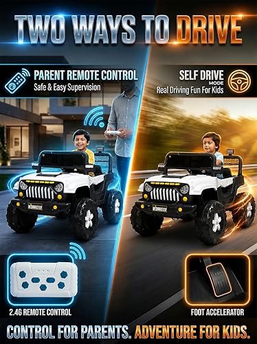Image of WishmasterKids Driving Electric Ride-On Car for Boys & Girls 2-6 Years Big Wheels, Single Seat, Music & LED Lights | Off-Road Adventure Jeep | 6 Month Warranty | Gift for Birthday