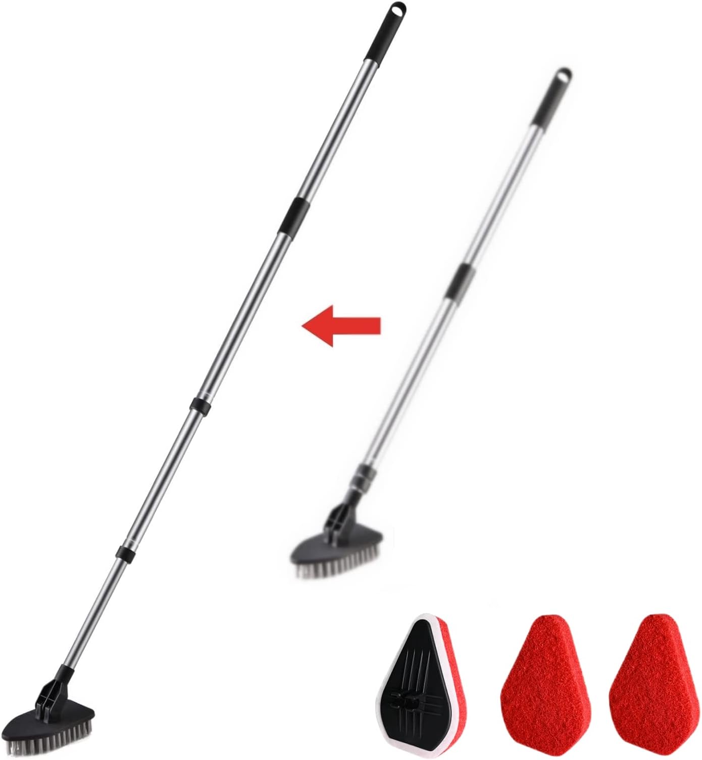 Tub Tile Scrubber Brush Long Handle, 2 in 1 Shower Cleaning Brush 46" Adjustable Telescopic Pole with 1 Stiff Bristles & 3 Scouring Pads for Cleaning Bathroom Kitchen Sink Wall