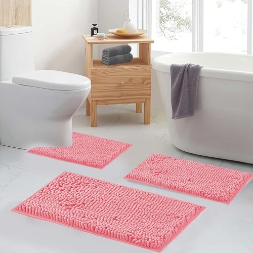 Image of Bathroom Rugs Chenille Bath Mat Set 3-Piece Bath Rugs for Bathoom Extra Soft Bath Mats for Bathoom Non Slip Absorbent Shag Bthroom Carpet, Machine Washable, Toilet Rug Pink