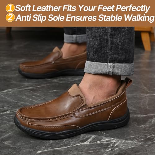 Image of Hand Free Casual Shoes for Men - Leather Slip-On Loafers with Elastic Heel & Latex Footbed - Lightweight EVA Walking Shoes