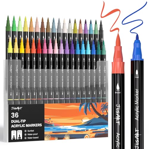 JusArt アクリルマーカーペン 36色セット ペイントマーカー 筆先 細字先両端 アクリル絵の具 イラスト アートマーカー カラーペン 水性 布/ガラス/プラ/石/木材/陶器/金属に書ける メタリックカラー 防水 速乾 耐水 お祝い プレゼント