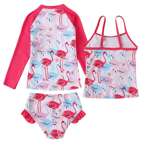 Image of Jurebecia Little Girls Flamingo Swimsuit Bikini 3 Piece Bathing Suit Kids Long Sleeve Rash Guard Set Summer Beach Tankini Swimming Pool Party Water Sport Swimwear Pink Size 9-10 Years