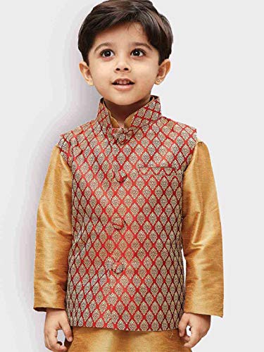 Image of JBN Creation Boys' Silk Blend Nehru Jacket || Banarasi Brocade Woven Jacquard Modi /Nehru Jacket || Ethnic Wear for Festivals, Weddings
