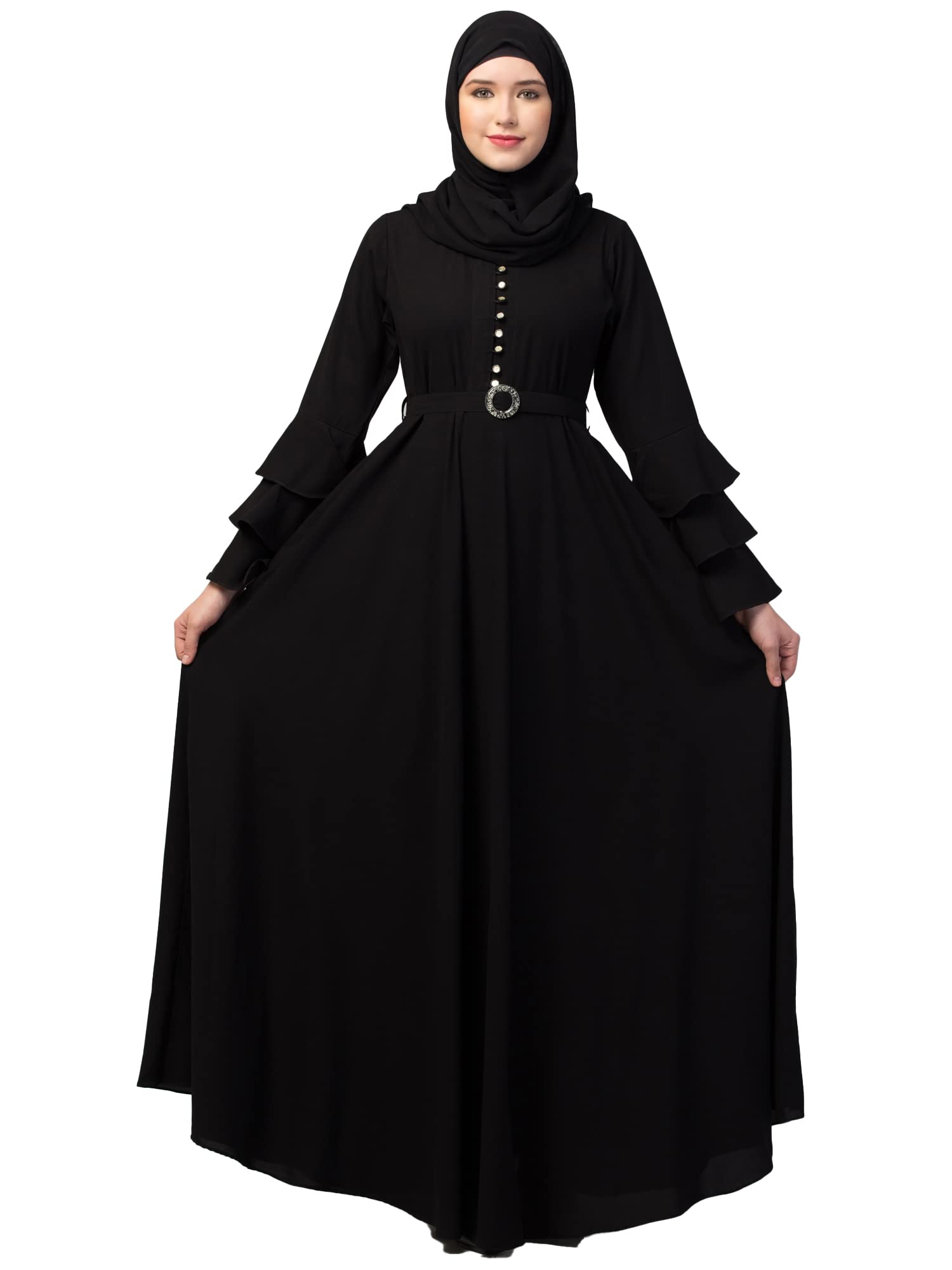 Muslim ClosetUmbrella Abaya with Adjustible belt and Fashionable buttons Bell Sleeves in Nida Matte Fabric