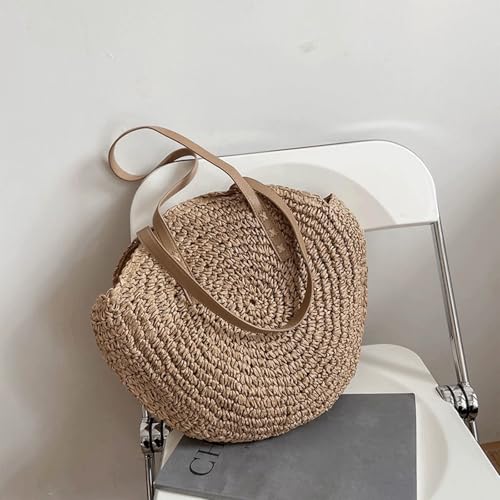 Bolso redondo de paja tejida para hombro, bolso tote para playa y vacaciones de verano, con forro y detalles en cuero, con cierre de cremallera miniatura 3