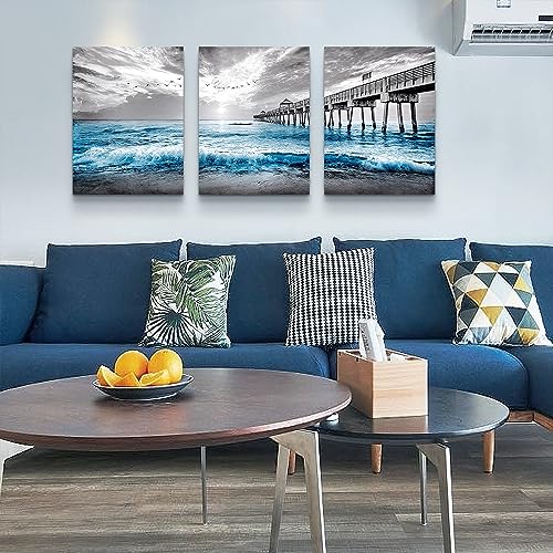 Wall Decorations For Living Room 3 Piece Framed Canvas Wall Art For Bedroom Office Wall Decor Black And White Wall Paintings Blue Ocean Sea Wave Pictures Artwork For Modern Posters Prints Home Decor