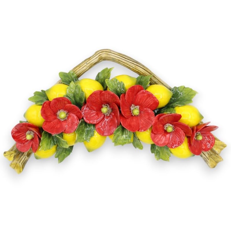 Céramique fine de Sicile avec 12 citrons et 6 coquelicots faits main pour décor haut de gamme