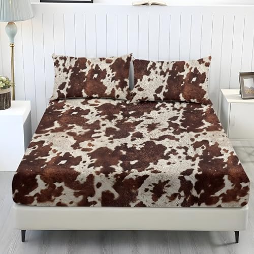 Suobstales Brown Cow Print Fitted Sheet Set 3-Piece Bed Sheets with Deep Pocket Includes 1 Fitted Sheet and 2 Pillowcases for Women Men Queen Size