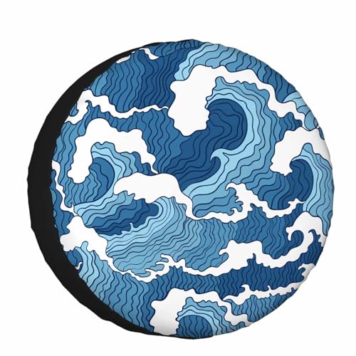 Image of Blue and White Wave Spare Tire Cover 15 inch Wheel Japanese Abstract Protectors Weatherproof Universal for Trailer Tire Cover Rv SUV Truck Camper Travel Trailer
