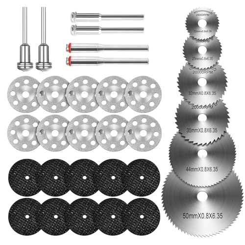 Cutting Discs for Dremel 34Pcs Cutting Wheels Set for Rotary Tool Accessories Includes Diamond Resin and HSS Circular Saw Blades for Precision Cutting of Metal with1/8 Shank for Wood/Metal/Plastic