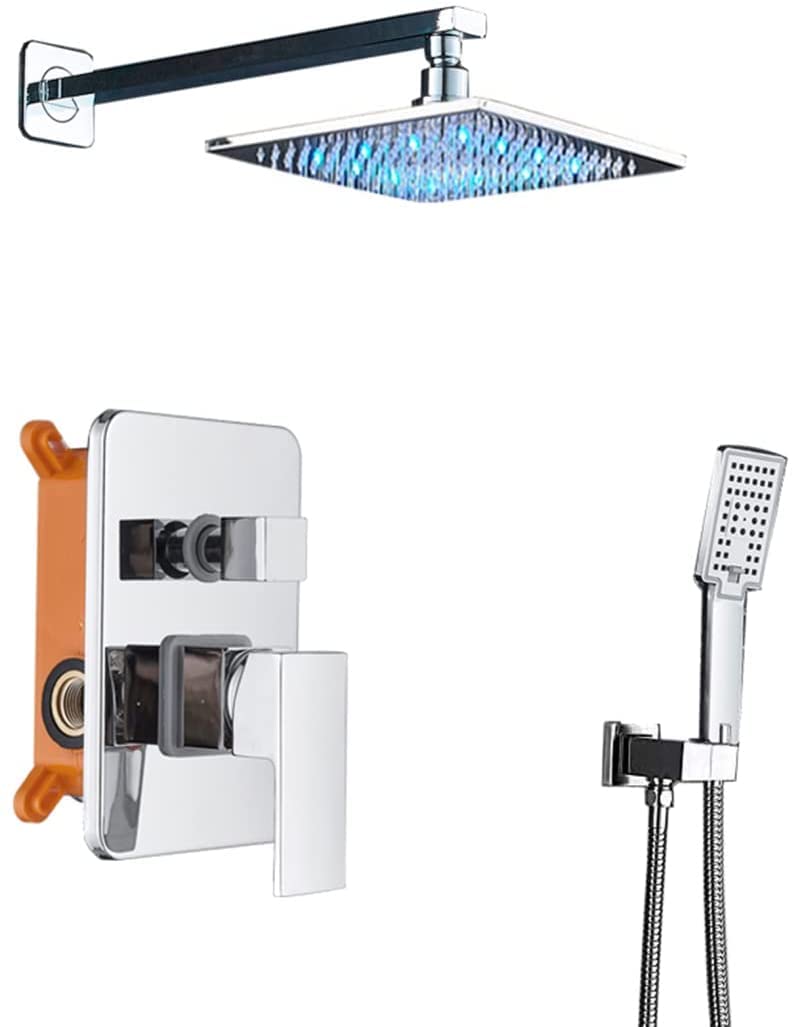 SWENEEN Luxury Chrome Shower System With Hidden Faucet Adjustable Handheld & Led Rainfall Showerhead Advanced Air Injection Technology 12-Inch Poles For Ultimate Spa Experience,8 Inch
