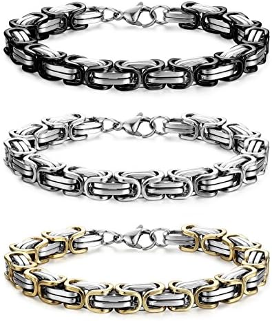 FIBO STEEL 3 Pcs 8MM Stainless Steel Chain Link Bracelets for Men Byzantine Bracelets,8.5 inches