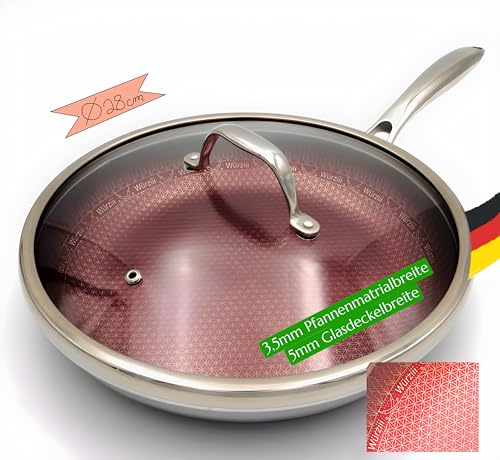 Würziii Bratpfanne 28cm rot mit Glasdeckel Non-Stick Waben Struktur kratzfest Edelstahl Aluminium Pfanne Spülmaschinen Ofen Induktion...