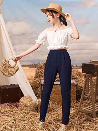 Image of Milumia Girl's Casual Elastic High Waisted Pocket Long Tapered Pants Solid Trousers Navy 8-9 Years
