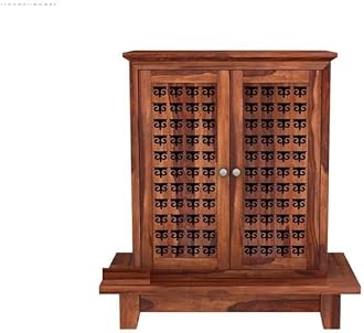 JB Art Sheesham Wood Temple for Home & Office/Mandir/God Stand/Pooja Stand/Home with Doors & Multiple Storage with Drawer (Honey Oak Finish)