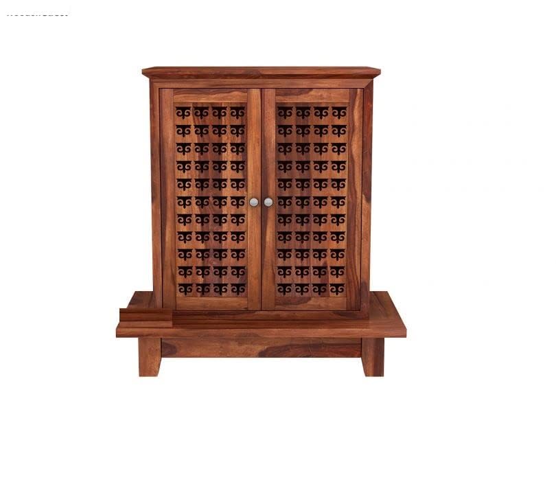 JB Art Sheesham Wood Temple for Home & Office/Mandir/God Stand/Pooja Stand/Home with Doors & Multiple Storage with Drawer (Honey Oak Finish)