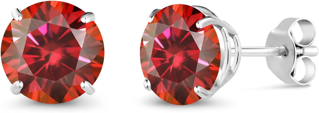 Gem Stone King 18K White Gold Stud Earrings For Women Men Round Red Moissanite (2.00 Cttw)