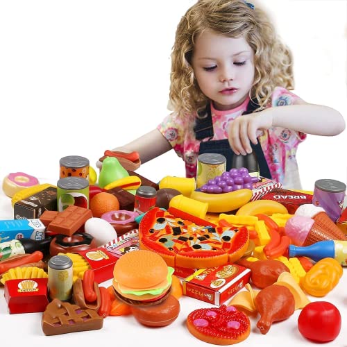 139 Pieces Play Food Set, Toy Food Play Food Sets for Kids Kitchen with Fruits Vegetables Drinks Pizza Pretend Play Food Sets Gifts for Kids Toddlers, Fake Food Kitchen Toys, Play Kitchen Accessories