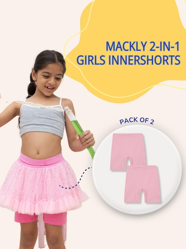 Image of mackly Girls Inner Shorts (Pack of 2) | 2-in-1 Seamless Panty Shorts with Gusset | Soft Breathable Base Layer for Dresses, Skirts