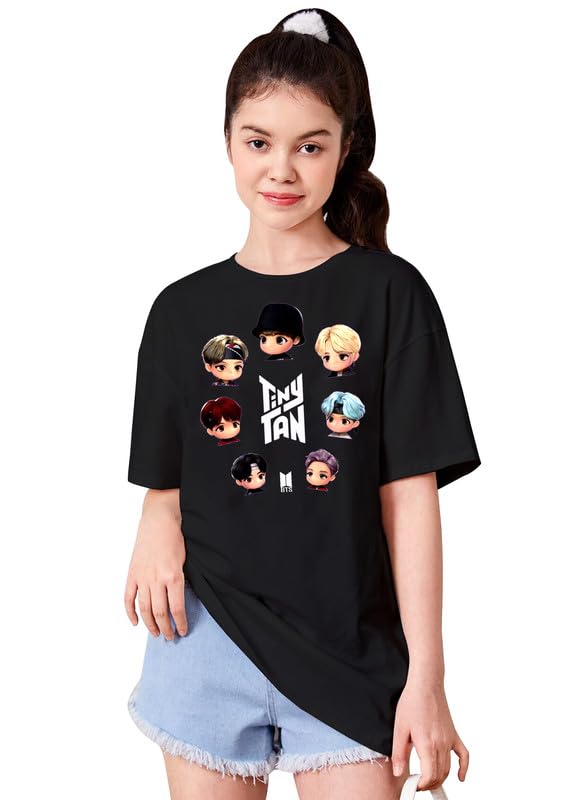 Regular BTS Army K Pop T Shirt, Korean BTS Fangirl Lover Tees for Girls and Women’s Girls Printed Round Neck, Regular Loosefit Longline Drop Shoulder Boho Style T-Shirt, Black