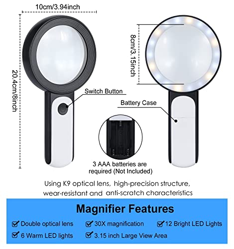 Image of 18 LED / 30X HandHeld Magnifying Glass with Cold and Warm Lights for Seniors Reading, Inspection, Coins, Jewelry, Exploring (3 Light Modes)