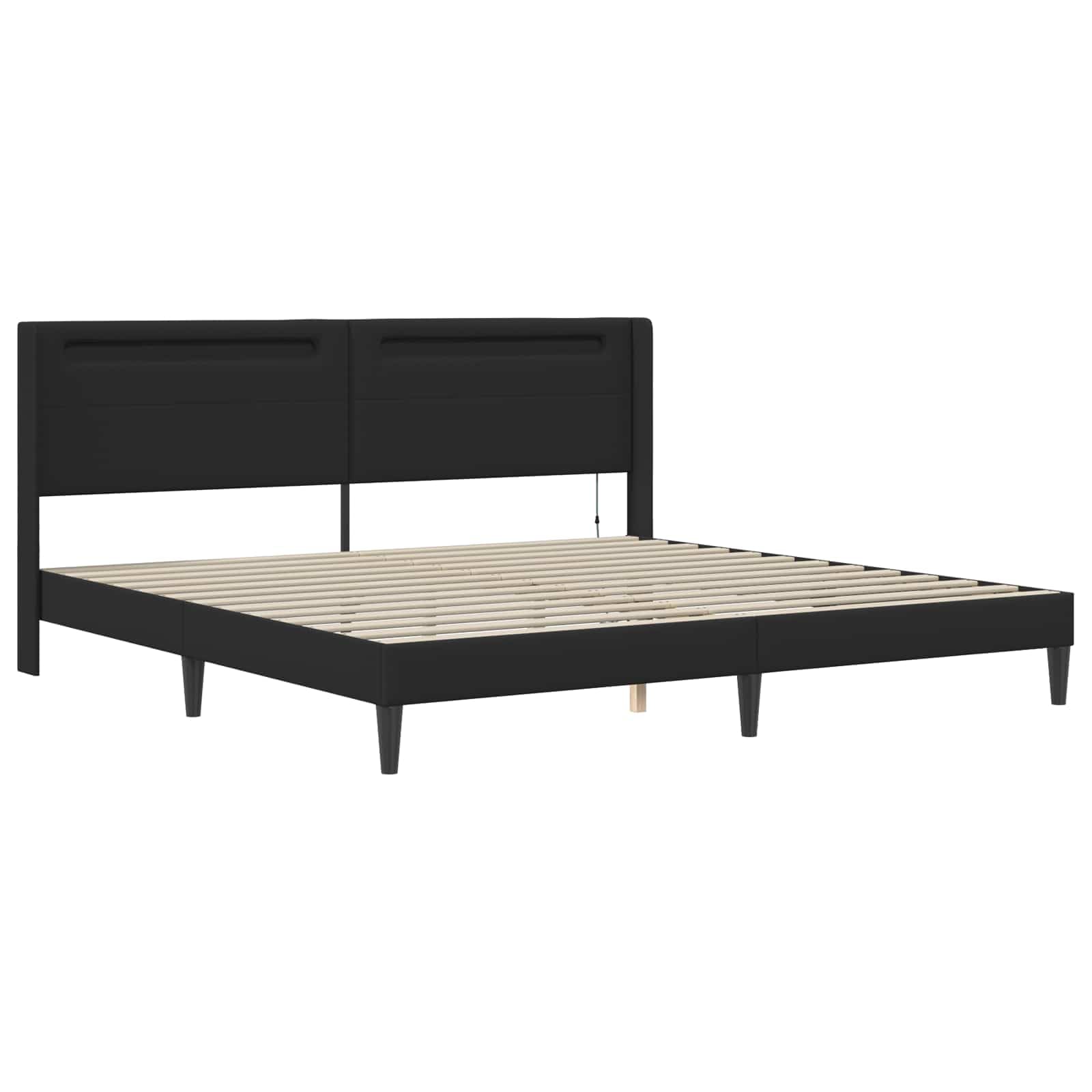 Rama łóżka z materacem, czarna, 180 x 200 cm, sztuczna skóra, oświetlenie LED, rdzeń ze sprężyn kieszeniowych, materac rolowany z zimnej pianki, do sypialni, dla gości, podwójne łóżko na