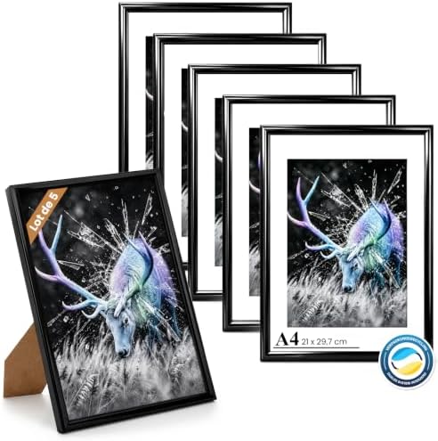 Dmyifan 5er Bilderrahmen DIN A4 Schwarz Set, Fotorahmen mit Plexiglas, Rahmen zum Stellen und Hängen für Fotos, Portraits | Picture Frame