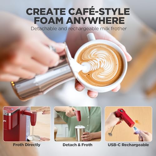 Image of Tastyle 330MF Single Serve Coffee Maker with Built-in Detachable Milk Frother, Iced and Hot Coffee Machine for K Cup & Grounds, 40oz Removable Water Reservoir, 6 Cup Sizes, Fits 7.3 inch Travel Mug, Red
