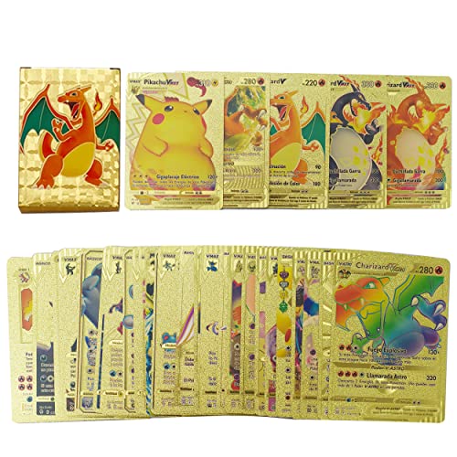 57 Pcs Cartas Poke Doradas Versión En Español,Cartas Poke Material De Hoja De Oro(No Metálicas),Cromos Poke 2022 Español Pack of 57 Pcs(GX+Vstar+Vmax+V),Caja Poke Cartas(Not Cartas Poke Originales)