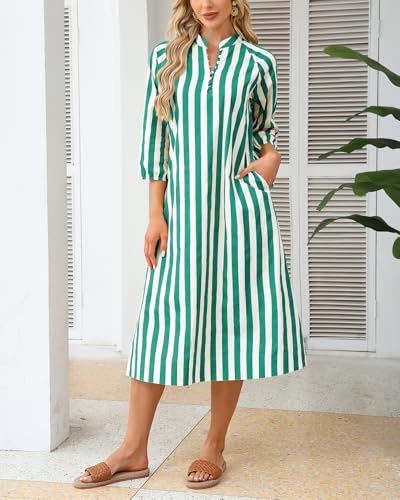 Image of YEXPINE Women Summer Striped Button Down Long Maxi Dress Loose Fit 3 /4 Sleeve Cotton Caftan Shirt Dress with Pocket