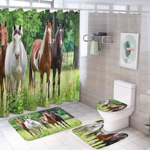 4-teiliges Duschvorhang Set mit Rutschfesten Teppichen, WC-Deckelbezug und Badematte, Duschvorhang...
