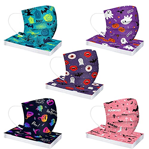 ZEZKT 50 PCS Couvre-visage Couvre Bouche Adulte Impression d'Halloween Masque Jetables De Masque non Tissé 3 Couches Écharpe Pliants_Masque Tissu Protection Revêtement Du Visage Foulard (D, 50PC) Cover
