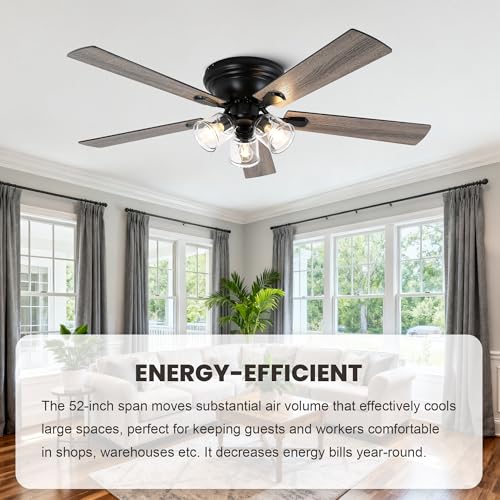 Image of Dawn Whisper 52 Inch Flush Mount Farmhouse Ceiling Fans with Lights Vintage Ceiling Fan with 3 Bulb Lights Remote for Bedroom Living Room Kitchen