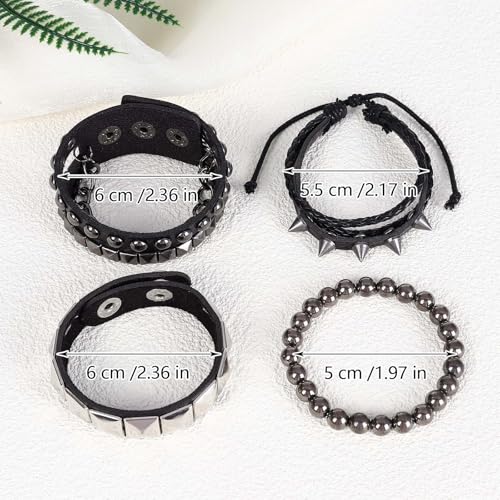 4 PCS Punk Leather Rivets Bracelets,Punk Rock Leather Studded Bracelets,80s Wristband Emo Bracelet,Gothic Spike Cuff Bracelet Set for Men Women Rocker Outfits2