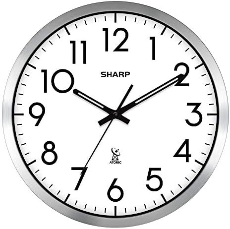SHARP Atomic Analog Wall Clock - 12" Silver Brushed Finish - Sets Automatically- Battery Operated - Easy to Read - Easy to Use: Simple, Easy to Read Style fits Any Decor
