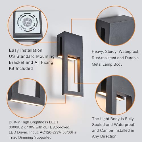 Image of 2-Pack Outdoor LED Lights Dimmable, 3000K Integrated LED 2x10W, 15 inch Modern Textured Black Outdoor Wall Sconce, IP65 Waterproof, Exterior Wall Light for Entrance, Hallway, Garage, Porch