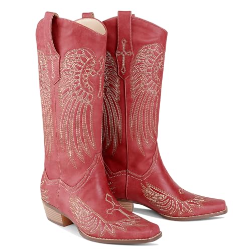 Womens Knee High Boots Cowboy Cowgirl Tall Western Boots Pull On Square Toe Low Chunky Heel Retro Dress Ladies Comfortable Embroidered Boot3