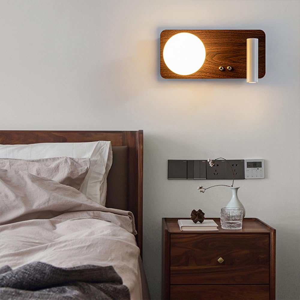 Mjsdjof 2 Way Wall Sconces, A Pair of Wall Mounted Reading Light with Glass Globe Shade - LED Bedroom Bedside Wall Lamp with Switch, Adjustable Headboard Wall Lights for Hotel Study Room