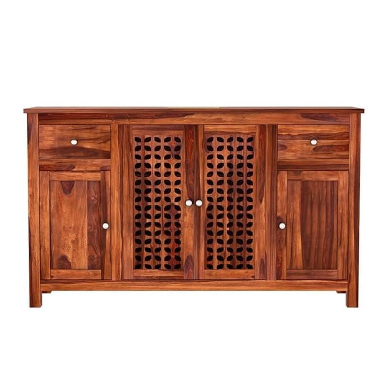 Image of Amazon Brand - Solimo Solid Sheesham Wood Minza Sideboard Cabinet with 2 Drawers & 4 Doors | Multipurpose Storage Organizer for Crockery, Bedroom Living Room, Kitchen & Office Furniture (Honey Finish)
