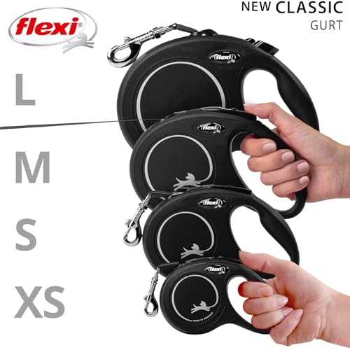 flexi® Classic L | 8m Gurt Roll-Leine für Hunde bis 50 kg | Schwarz | ausziehbare Hundeleine | Gewicht 534.3 gr | Maße 14.7 x 20.9 cm