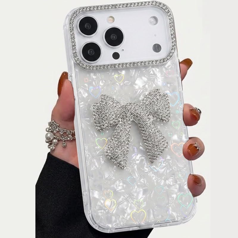 Image of mobistyle Compatible with iPhone 17 Pro Max | Rhinestone Bow Elegant Heart Shell Pattern and Camera Lens Protection Back Cover Case for Women Girls iPhone 17 Pro Max (White)
