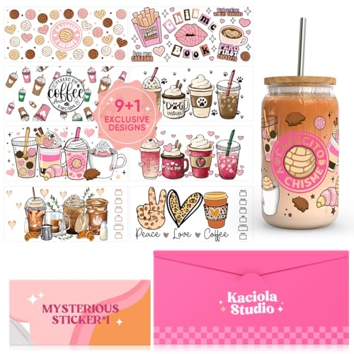 Image of Kaciola 10 Sheets UV DTF Cup Wraps for 16 oz- Coffee Theme UV DTF Stickers, 1 Sheet Mysterious Pattern Transfer, Rub on Transfers Stickers for 16 oz Libbey Glasses Crafting